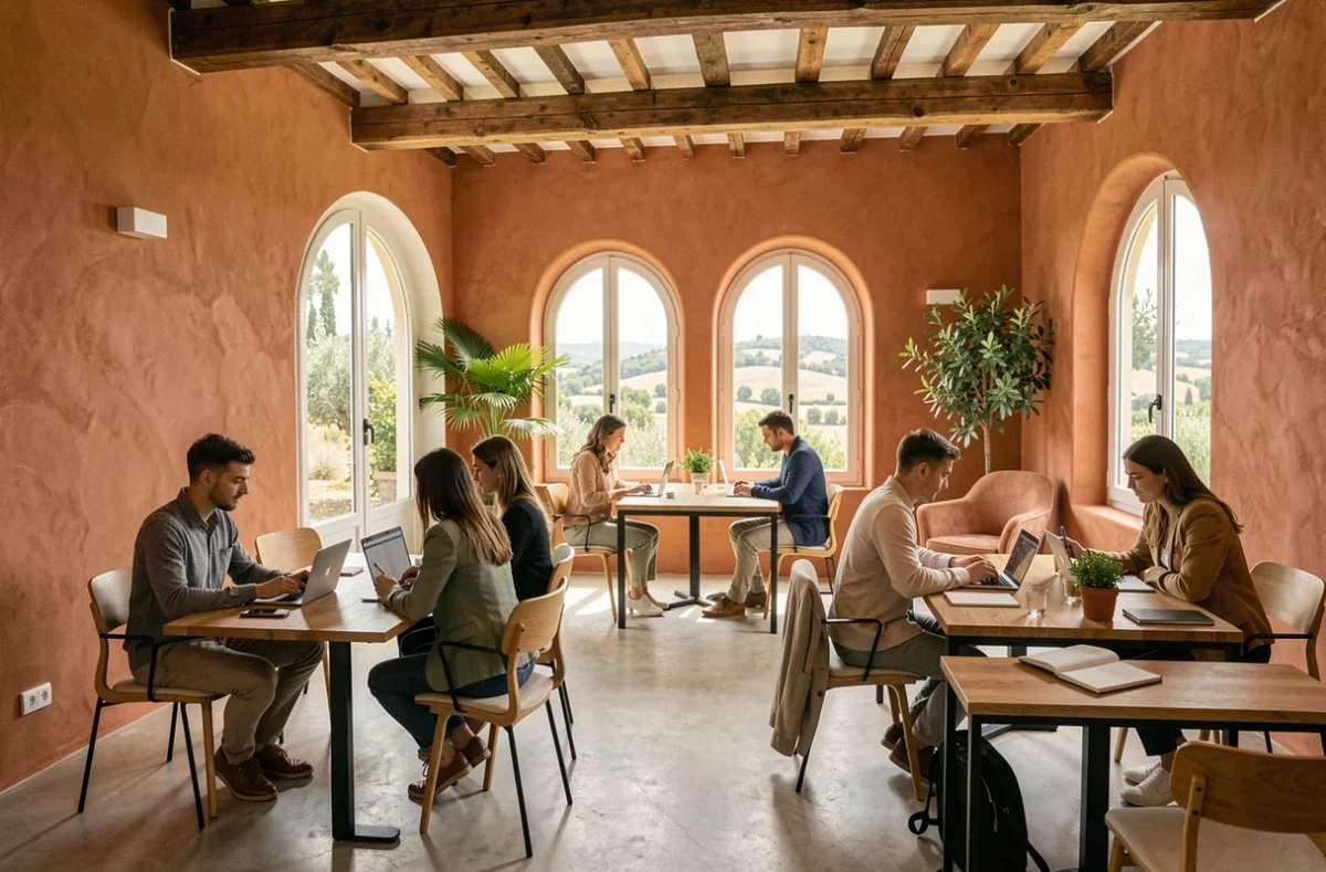 Espace de coworking moderne en Provence-Alpes-Côte d'Azur avec poutres en bois apparentes, végétation méditerranéenne et professionnels au travail