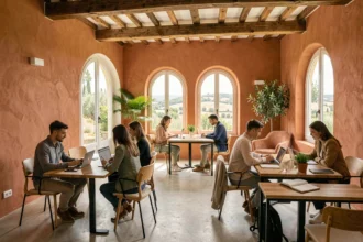 Espace de coworking moderne en Provence-Alpes-Côte d'Azur avec poutres en bois apparentes, végétation méditerranéenne et professionnels au travail