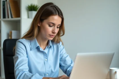 Femme créant son compte en ligne sur un portail administratif depuis un bureau à domicile