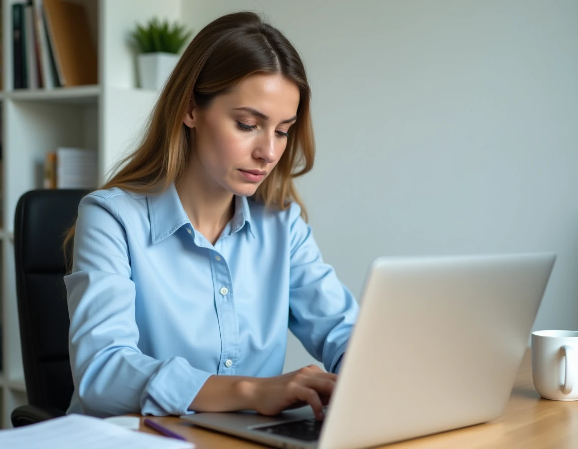 Femme créant son compte en ligne sur un portail administratif depuis un bureau à domicile
