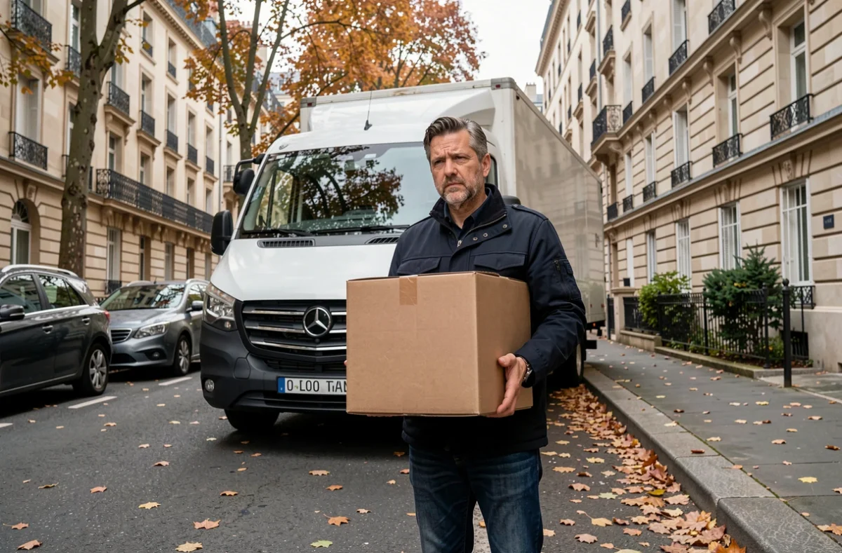 Homme déménageant avec des cartons devant un camion dans une rue résidentielle en banlieue parisienne
