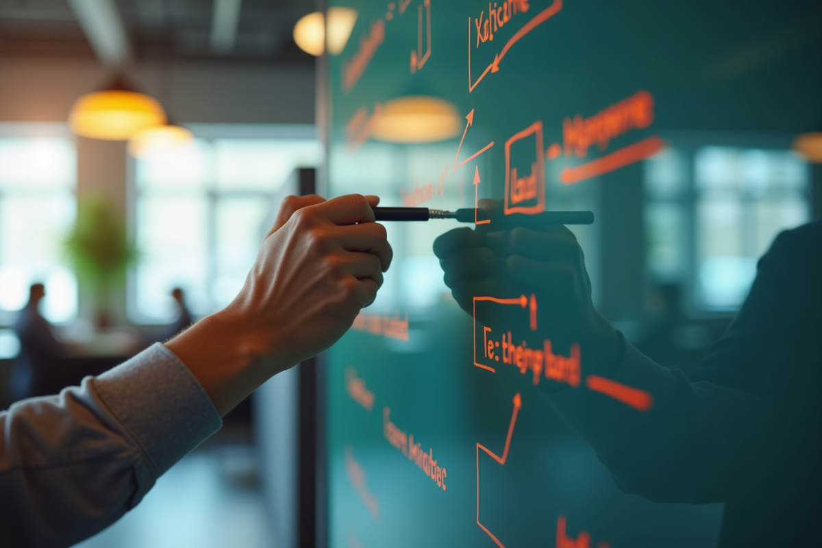 Main dessinant un diagramme de marketing sur un tableau blanc