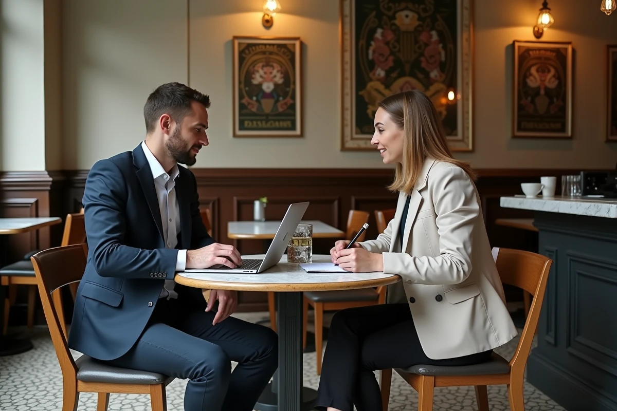 Deux professionnels collaborant sur un projet professionnel avec ordinateurs et notes dans un caf&eacute; parisien