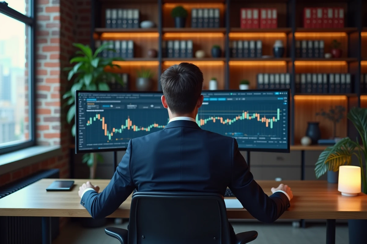 Dirigeant d'entreprise analysant des indicateurs de performance sur un double écran dans un bureau exécutif moderne