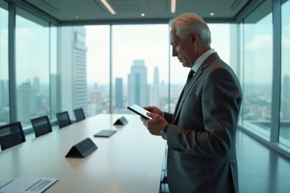 Dirigeant Apple en costume sombre consultant une tablette dans une salle de réunion moderne avec vue sur la ville
