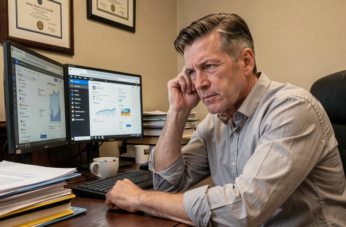 Cadre supérieur épuisé devant ses écrans dans son bureau encombré, illustrant le blocage de carrière et le principe de Peter en entreprise