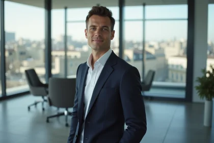 Jeune dirigeant français en costume marine dans un bureau parisien moderne, portrait professionnel en plan trois-quarts illustrant le leadership tech en France