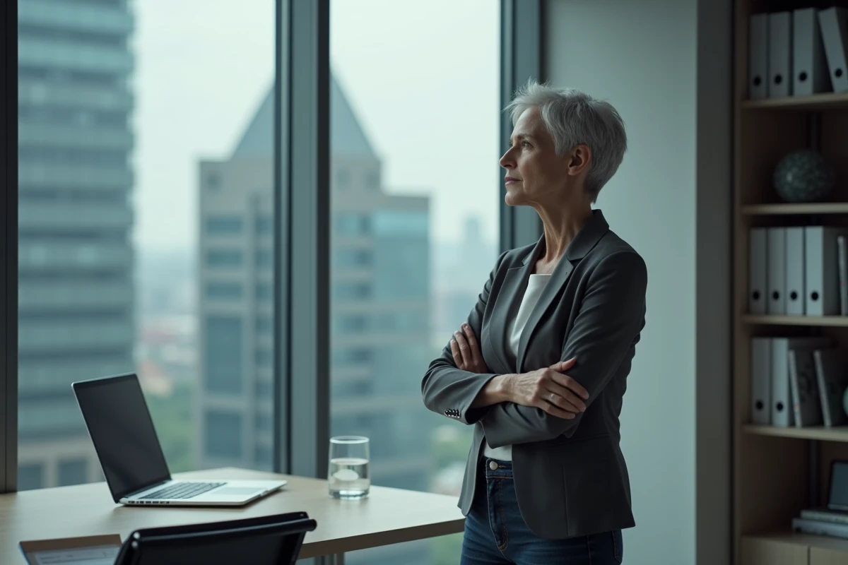 Une dirigeante aux cheveux argentés se tient debout près d'une fenêtre panoramique dans un bureau exécutif, adoptant une posture réfléchie et sereine qui incarne le leadership résilient en période de crise