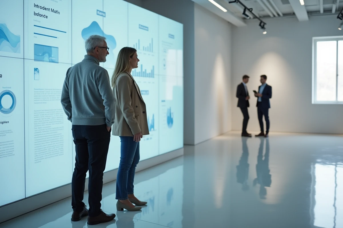 Deux dirigeants Apple discutant de décisions stratégiques devant un écran de données dans un laboratoire d'innovation futuriste