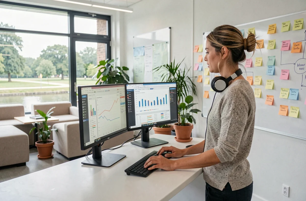 Femme debout à un bureau réglable dans L'Eau Vive – Le Lab'Ora à Chatou, espace coworking innovant avec tableau blanc et vue sur parc