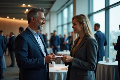Deux professionnels échangeant des cartes de visite lors d'un événement de networking B2B dans un espace de conférence moderne avec vue sur la ville