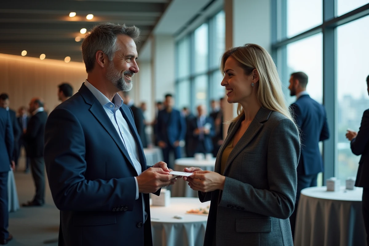 Deux professionnels échangeant des cartes de visite lors d'un événement de networking B2B dans un espace de conférence moderne avec vue sur la ville
