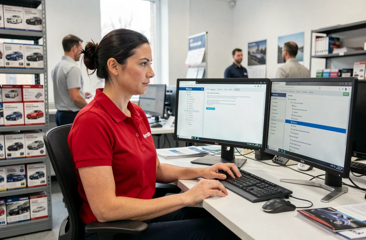 Employée Norauto naviguant sur l'intranet depuis son poste de travail en bureau