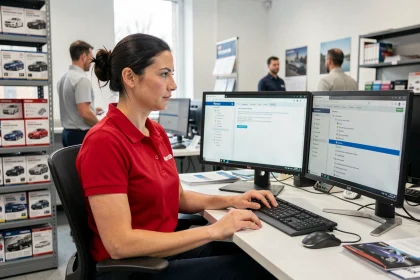 Employée Norauto naviguant sur l'intranet depuis son poste de travail en bureau