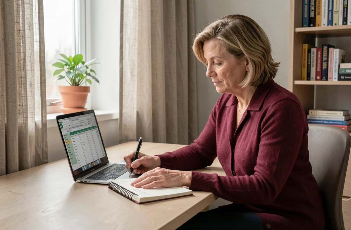 Femme enseignante analysant sa fiche de paie sur ordinateur portable à son bureau à domicile