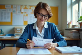 Enseignante regardant un calendrier de paie dans une salle du personnel