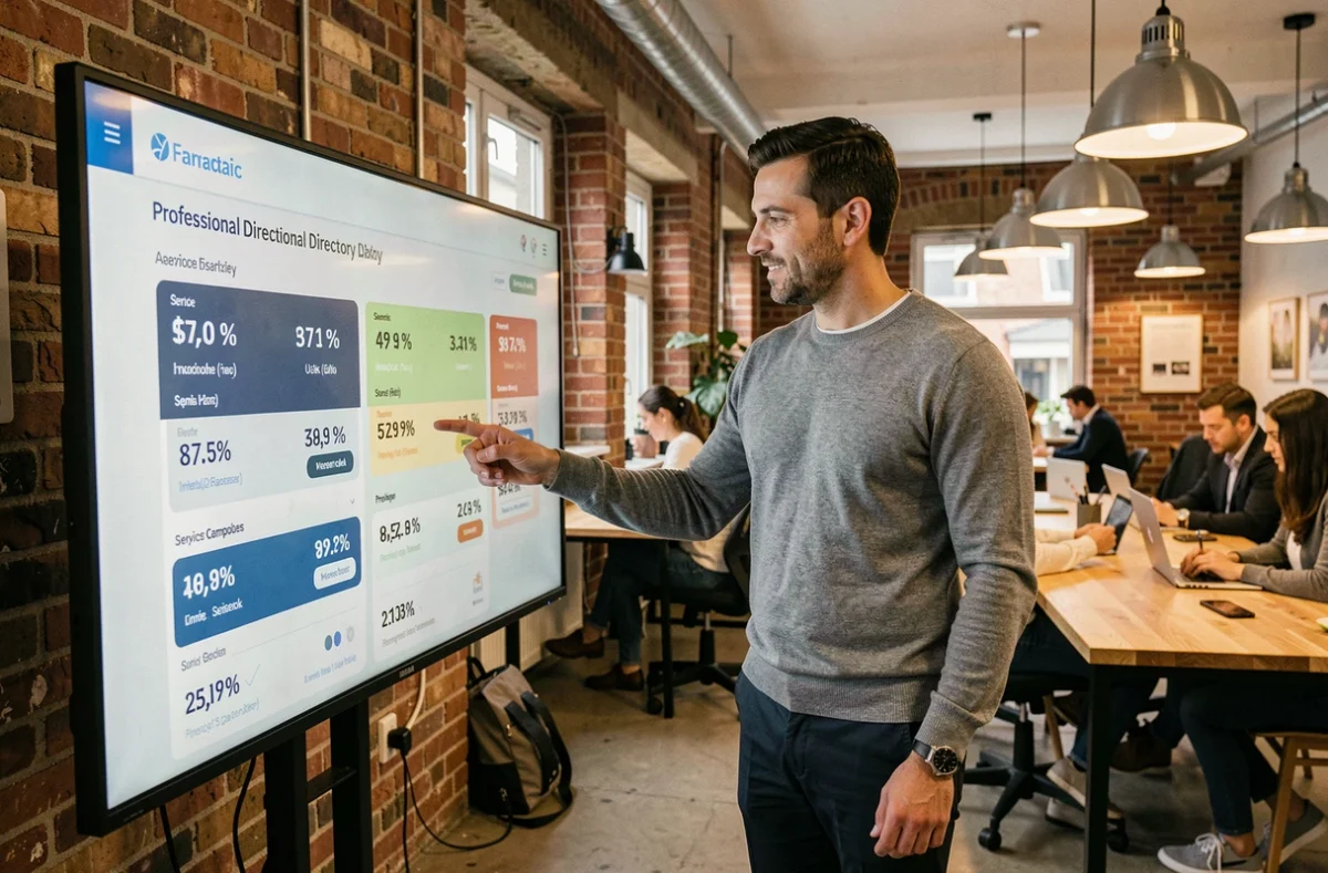 Entrepreneur masculin analysant les options tarifaires d'un annuaire professionnel sur un écran interactif dans un espace de coworking