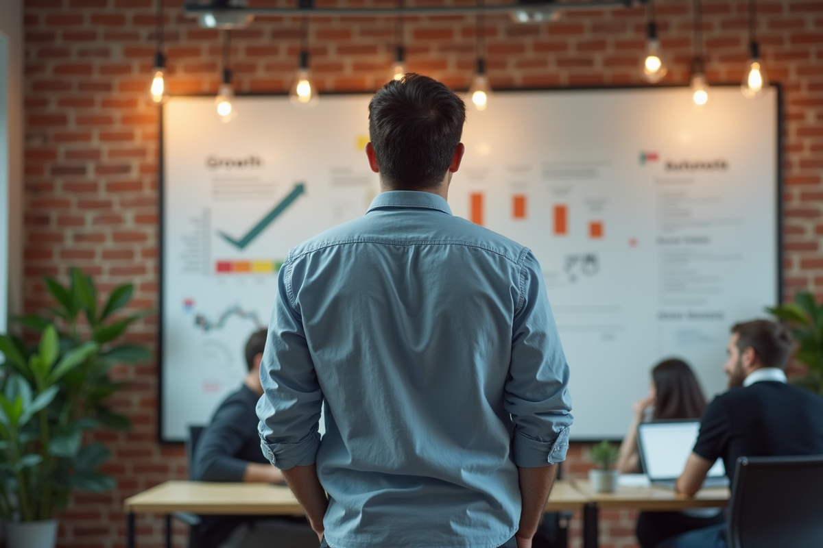 Entrepreneur analysant un tableau blanc en coworking