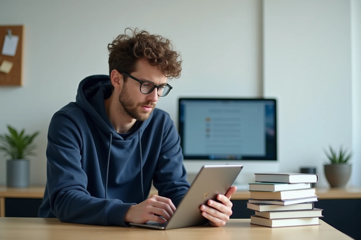 Entrepreneur masculin consultant un magazine business en ligne sur tablette dans un bureau à domicile