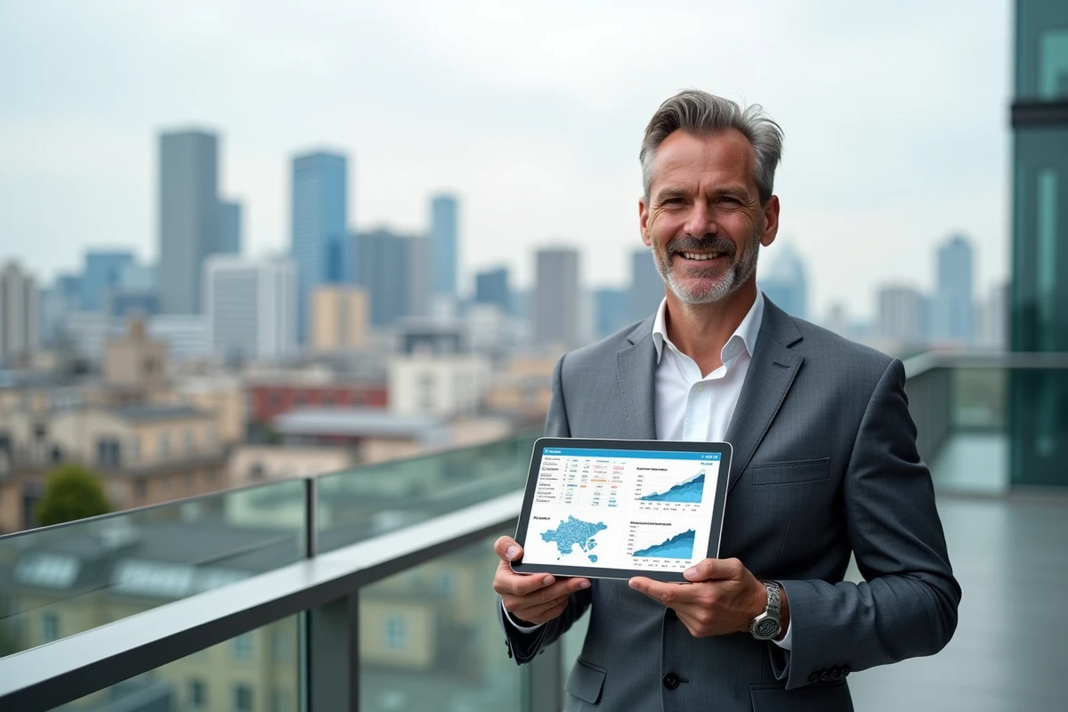 Chef d'entreprise consultant un tableau de bord d'indicateurs économiques territoriaux sur tablette en milieu urbain