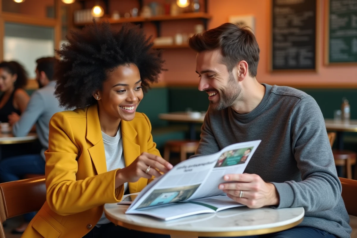 Deux jeunes entrepreneurs débutants discutant d'un article de magazine business dans un café urbain