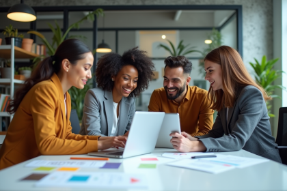 Groupe de professionnels en réunion dans un bureau moderne