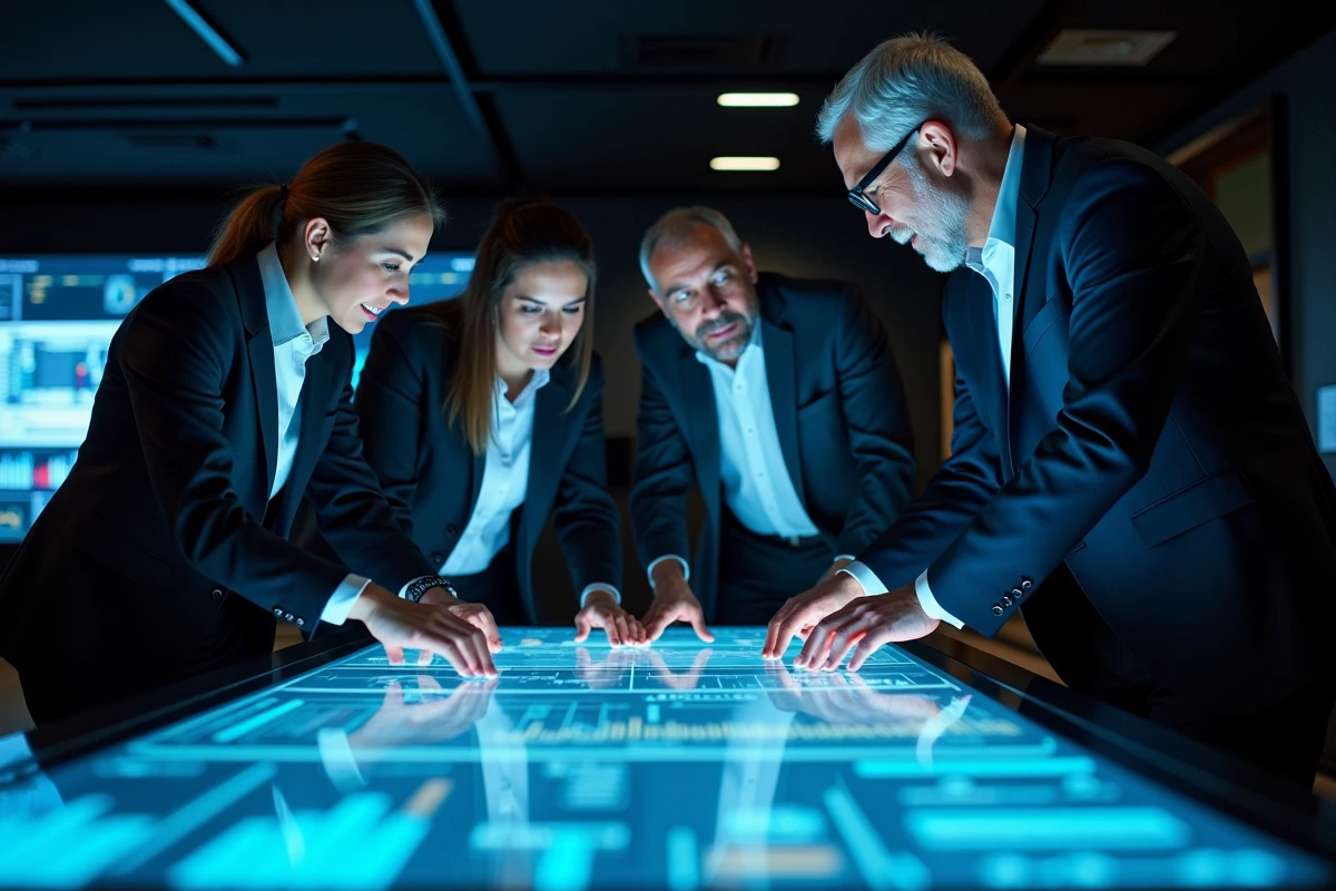 Équipe de direction discutant autour d'une table interactive avec un outil de pilotage digital lors d'une session stratégique de COMEX