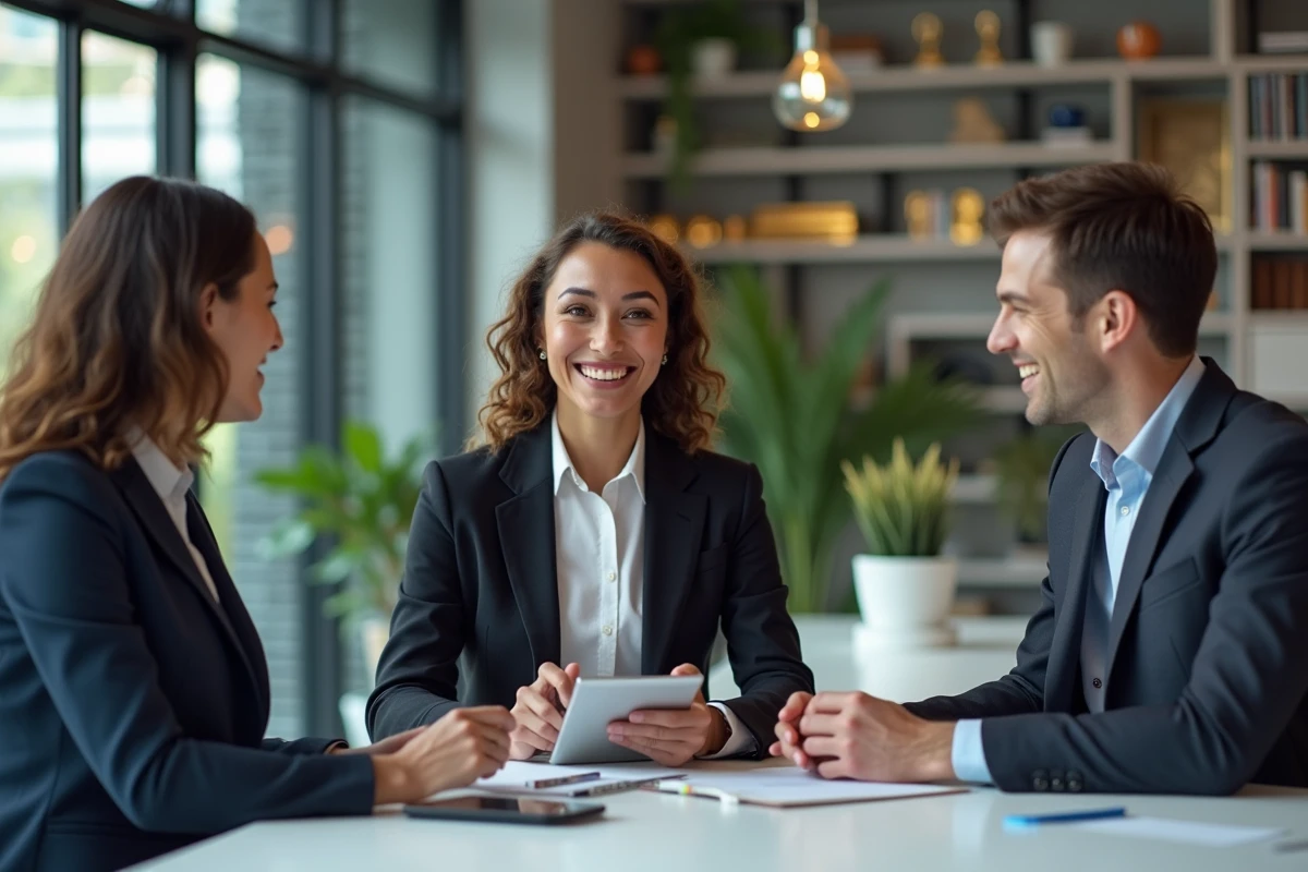 Equipe de professionnels en r&eacute;union dans un bureau ouvert