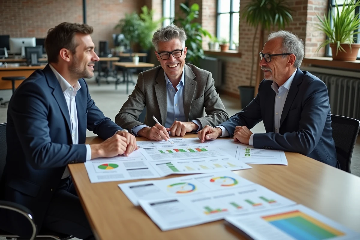 Groupe de collègues discutant autour de documents duerp