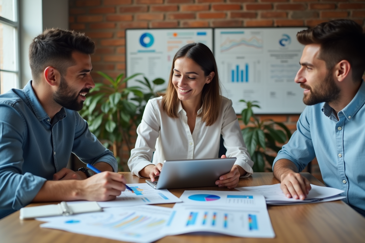 Trois collègues discutant stratégie CRM en réunion