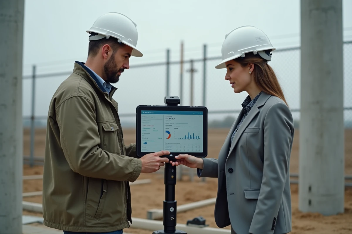 Ingénieur et contrôleur de gestion BTP sur un chantier en extérieur consultant ensemble un tableau de bord de gestion chantier synchronisé avec la comptabilité sur une tablette