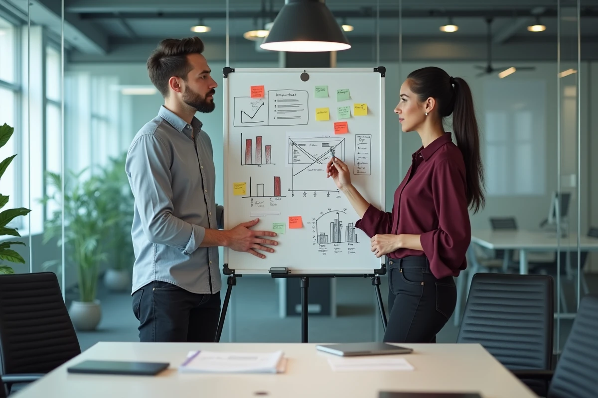Deux professionnels du marketing collaborant autour d'une stratégie de prix sur un tableau blanc dans une salle de réunion moderne