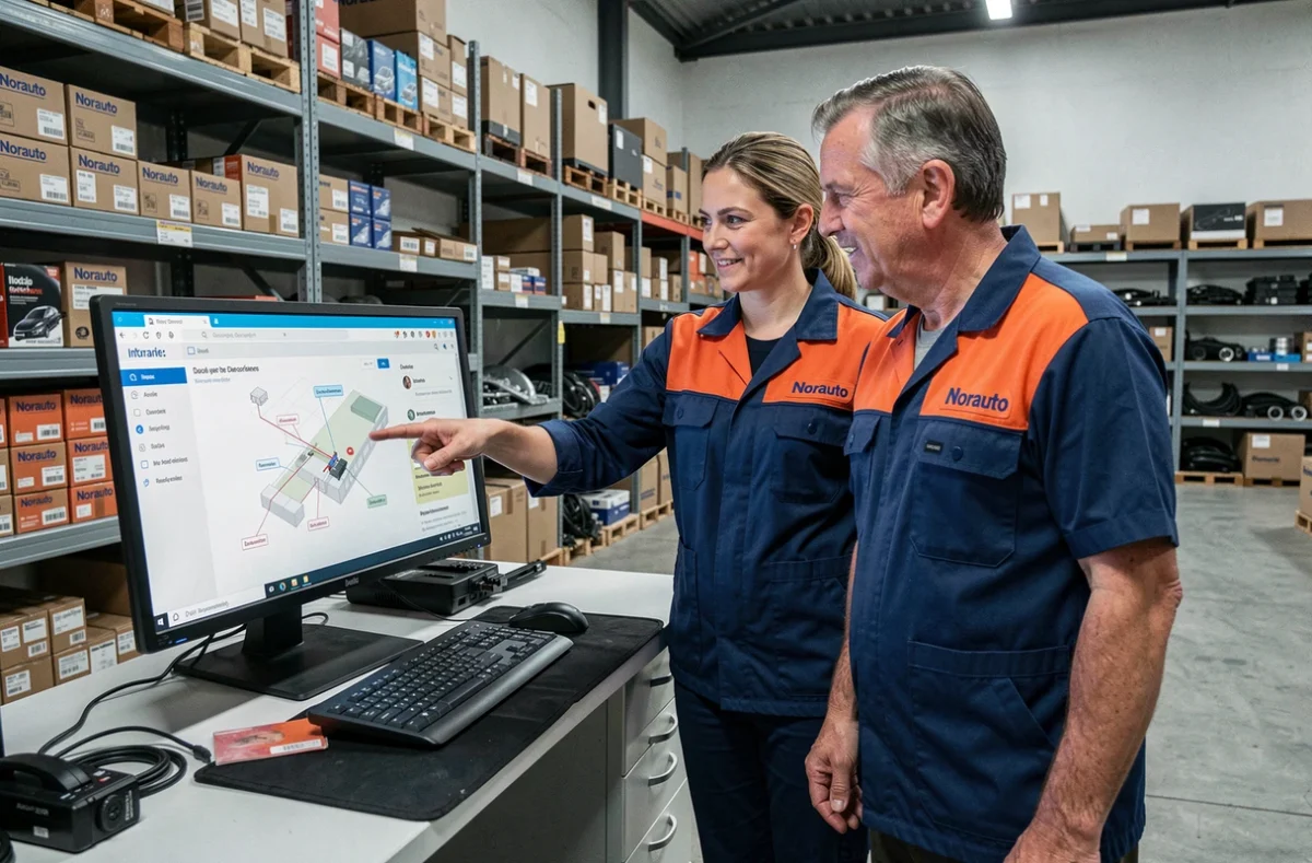 Deux employés Norauto explorant ensemble les chemins d'accès de l'intranet en entrepôt