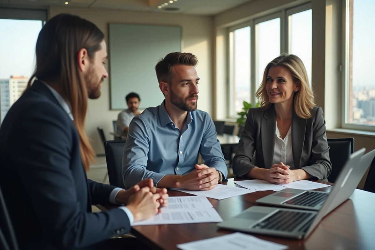 Groupe de professionnels en réunion dans un bureau lumineux