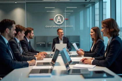 Groupe de collaborateurs en réunion dans un bureau moderne Dassault