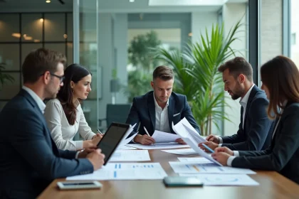 Groupe de professionnels en réunion d'affaires en bureau moderne