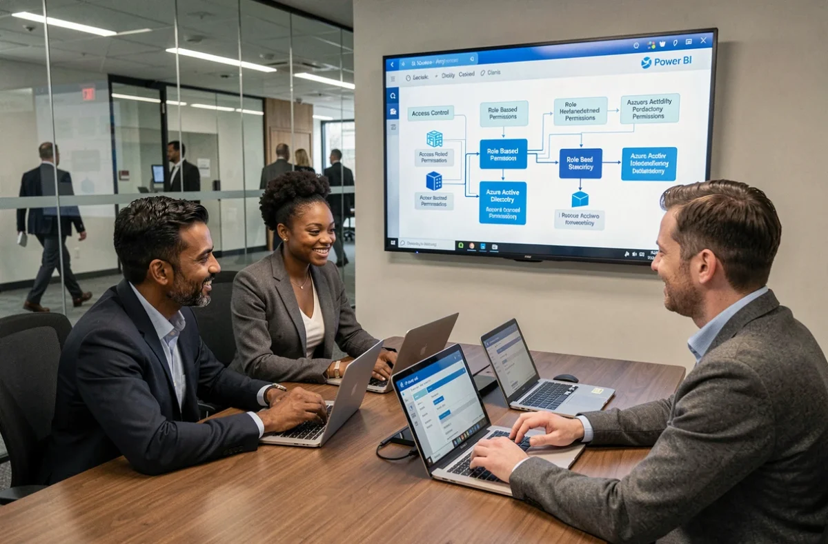 Équipe de professionnels en réunion d'entreprise discutant d'une architecture de sécurité des accès Power BI sur écran mural