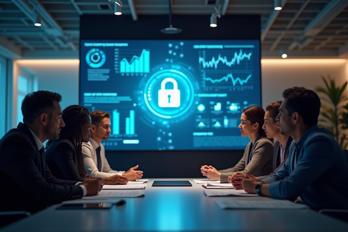 Equipe RH analysant des documents et un écran de sécurité informatique