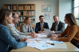 Groupe d'employes municipaux en reunion dans une mairie