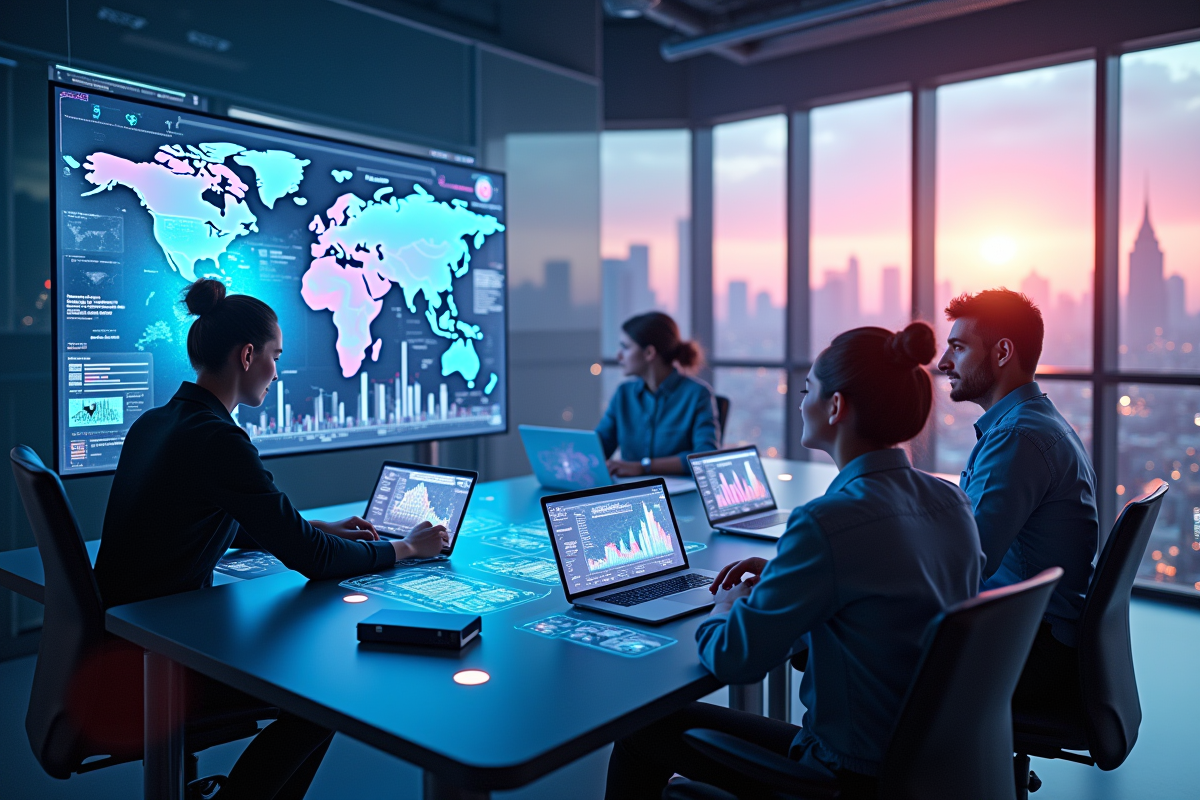 Espace de coworking futuriste avec equipe holographique