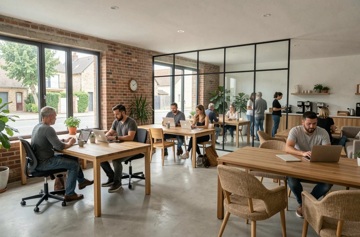 Espace de coworking moderne dans les Yvelines avec des professionnels travaillant à des bureaux en bois dans un environnement lumineux et végétalisé