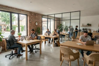 Espace de coworking moderne dans les Yvelines avec des professionnels travaillant à des bureaux en bois dans un environnement lumineux et végétalisé