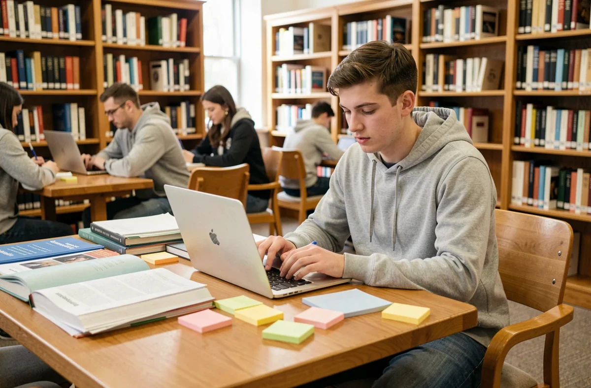 Étudiant stagiaire organisant ses révisions et ses jours de congés dans une bibliothèque universitaire