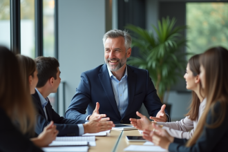 Cadre d’un dirigeant en réunion d’équipe dans un bureau moderne