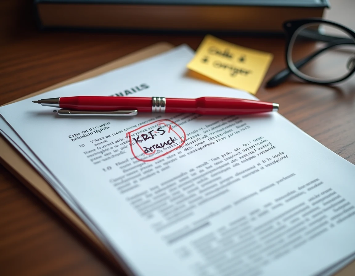 Gros plan d'un extrait KBIS posé sur un bureau en bois avec un code NAF entouré au stylo rouge et une note manuscrite indiquant une erreur à corriger