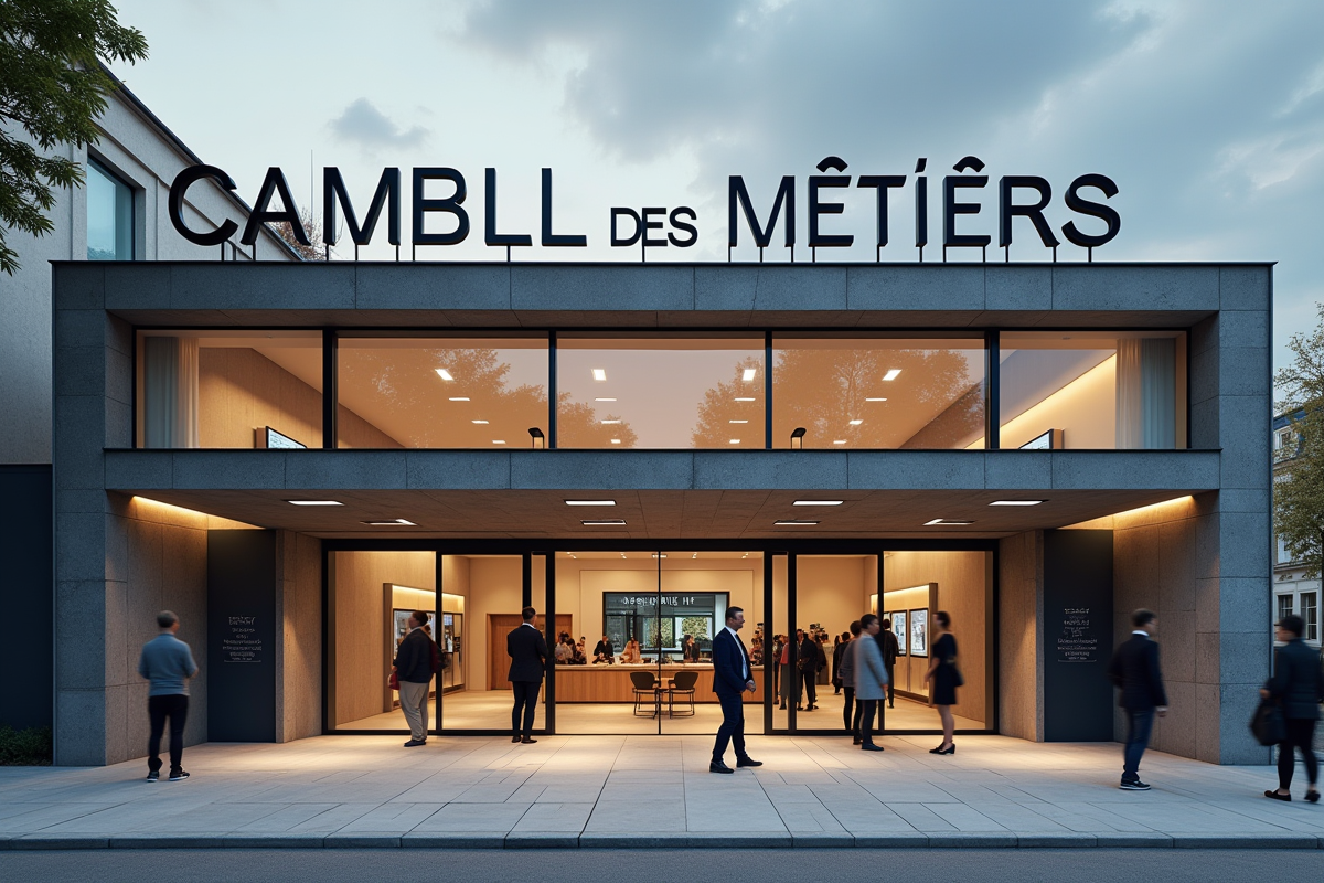 Façade moderne de la Chambre des Métiers avec personnes entrant