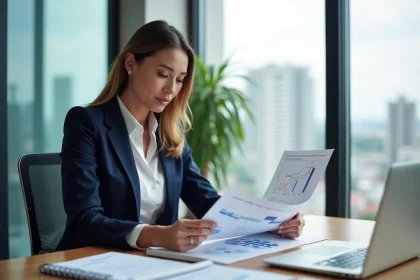 Femme d'affaires analysant des documents de tarification concurrentielle dans un bureau moderne pour optimiser sa stratégie digitale