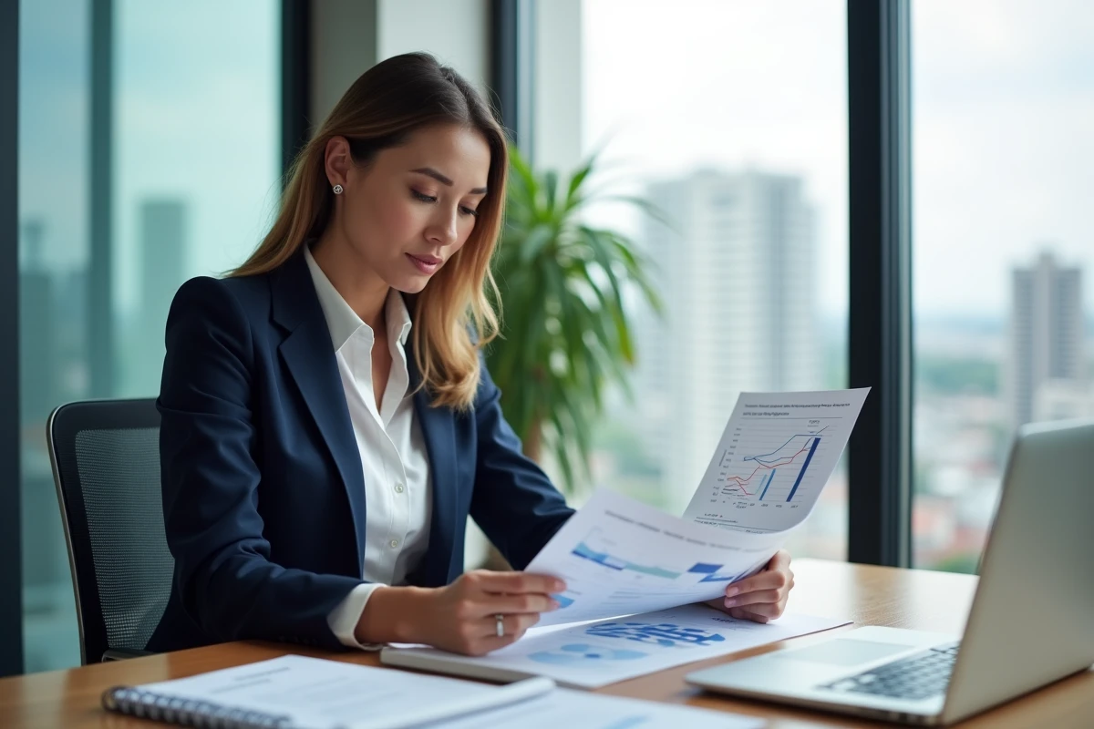 Femme d'affaires analysant des documents de tarification concurrentielle dans un bureau moderne pour optimiser sa stratégie digitale