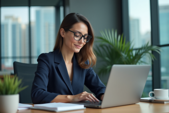 Femme d'affaires en costume bleu analysant des données CRM