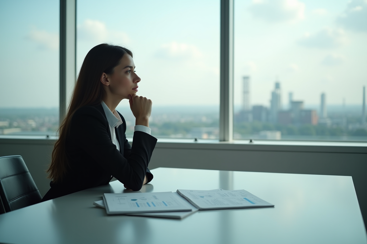 Jeune femme d affaires contemplant paysage industriel